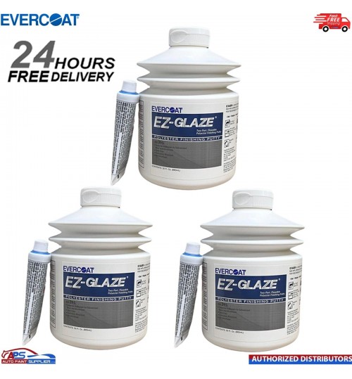 3x EVERCOAT 101395 EZ-GLAZE FINE FINISHING PUTTY 880ML - WITH BPO HARDENER